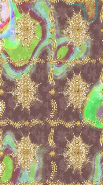 Kahverengi ve altın elementli altın çizim deseni. Raster illüstrasyonu. Tekrarlayan elementlerle soyut arkaplan oluşturun. Sketch damask klasik altın desen.
