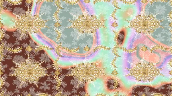 El yapımı dekoratif çerçeve, albüm kapağı, tebrik kartı, klasik Art deco tarzı. Raster soyut çiçek çelengi altın karalama fantezi yaprakları ve tarafsız renklerde çiçek.