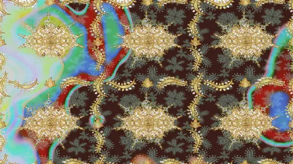 Arkaplan, kumaş, altın duvar kağıdı. Raster golden. Kahverengi renklerde altın desenler ve altın elementler. Düz elle çizilmiş vintage koleksiyonu.