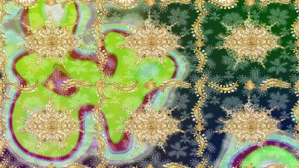 Tekrarlayan ögelerle soyut arkaplan çiz. Klasik raster şablonu. Yeşil ve altın desenli.