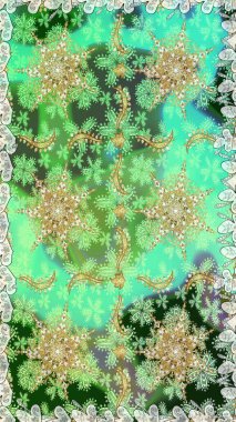 Noel, kar tanesi, yeni yıl. Yeşil renklerde ve altın elementlerle kusursuz klasik desen. Yeşil renklerdeki altın desenli altın elementler.