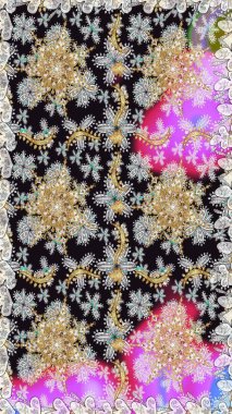 Raster altın tekstil baskısı. İslam tasarımı. Çiçek kiremitleri. Kusursuz desenli oryantal süs. Altın elementlerle gri renklerde altın desen.