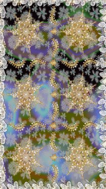 Lüks, kraliyet ve Viktorya dönemi konsepti. Süslü raster dekorasyonu. Gri renklerdeki altın element. Klasik barok çiçekli desenli altın renginde gri renkte..