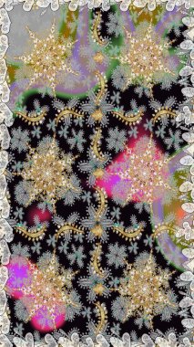 Kına dövmeli süs çiçekleri, altın çıkartmalar, mehndi ve yoga tasarımı, kartlar ve parmak izleri. Gri renkli desen. Raster altın mehndi kusursuz desen.