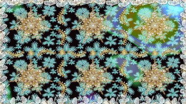 Raster illüstrasyonu. Süslü dekorasyon. Damask altın soyut çiçek nötr renklerde pürüzsüz desen.