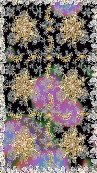 Altın karalama fantezi yapraklarından ve gri renkli çiçeklerden Raster soyut çiçek çelengi. El yapımı dekoratif çerçeve, albüm kapağı, tebrik kartı, klasik Art deco tarzı.