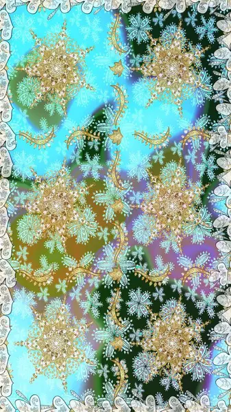 Kusursuz ortaçağ çiçek deseni. Doğum günü kartı, davetiye ya da afiş için iyidir. Dekoratif simetri arabesk. Mavi renkte altın. Raster illüstrasyonu.