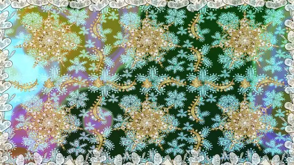 Altın antika ortaçağ dekoratifi, yapraklar ve tarafsız renklerde altın desenli süslemeleri olan dikişsiz bir şablon. Kusursuz kraliyet lüksü, altın barok kumaş rengi..