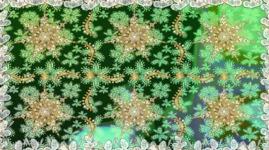 Geleneksel raster ve altın desen. Damask pürüzsüz süsü. Yeşil renkler üzerinde klasik oryantal desen.