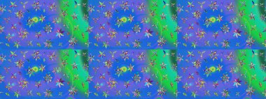 Elle çizilmiş çiçek desenli Raster çizimi. Mavi ve yeşil arka planda. Çocuksu tasarım. Tekstil, kumaş, ambalaj, hatıra defteri için güzel çiçek arkaplanı..