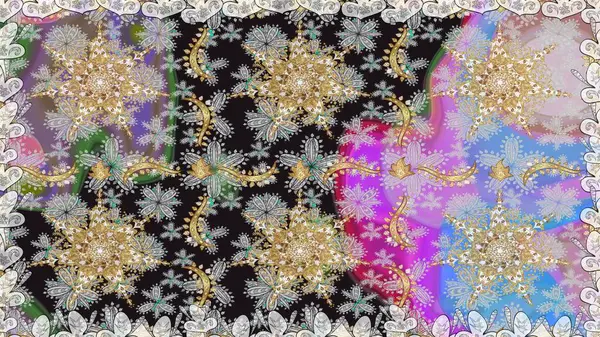 Doğu tarzı arabesk. Gri renklerde, altın elementlerle kusursuz desen. Hassas altın deseni açın. Raster. Parlak dantel, stilize çiçekler, şal desenli. Kusursuz altın dokular bukleler.