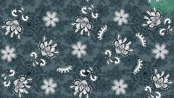 Renkli Bahar Teması eskiz kalıbı. Düz Çiçek Elementleri Tasarımı. Sevimli çiçek raster deseni. Yeşil ve mavi renkte çiçekler.