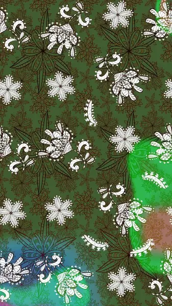 Raster illüstrasyonundaki çiçek desenli çizim. Yeşil ve kahverengi renkte çiçekler.