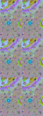 Raster illüstrasyonu. Renkli Bahar Teması eskiz kalıbı. Düz Çiçek Elementleri Tasarımı. Güzel kumaş deseni. Çiçek desenli çizim. Asya tekstil tarzında.