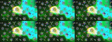 Sevimli çiçek raster deseni. Renkli Bahar Teması eskiz kalıbı. Yeşil ve mavi renkte çiçekler. Düz Çiçek Elementleri Tasarımı.