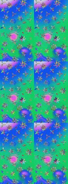 Raster illüstrasyonu. Mavi ve yeşil renklerde. 3D çiçekler, çizim.