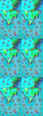 Mavi ve yeşil renkte etnik çiçeklerle süslenmiş zarif bir eskiz şekli. Asya Tekstil 'inde Raster Çiçek İllüstrasyonu.