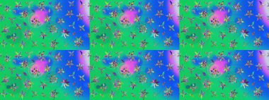 Nazik romantik baskı. Bahar mevsimi. Raster güzel bir çiçek deseni çizmiş. Yeşil ve mavi renkte çiçekler. Tatil havası..