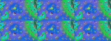 Mavi ve yeşil renkli çiçekler. Çiçek desenli çizim. Raster illüstrasyonu. Asya tekstil tarzında. Raster illüstrasyonu.