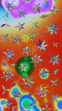 Raster deseni. Patlayan çiçekler soyut olarak yerleştirilmiş. Turuncu ve kırmızı renklerde bahar çiçekleri. Raster illüstrasyonu.