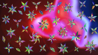 Halk tarzı. Parlak renkli çiçekleri ve kahverengi ve kırmızı renkte yaprakları olan harika bir çiçek deseni. Moda baskıları için zarif bir şablon. Modern çiçek arkaplanı.