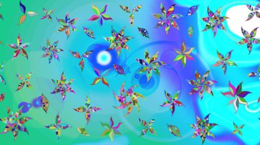 Modern, mavi ve yeşil raster arka plan duvar kağıdı çizimi, klasik çizgili desenli desenli çiçekler, çiçekli süsler. Çiçekli el çizimi çizimi deseni.