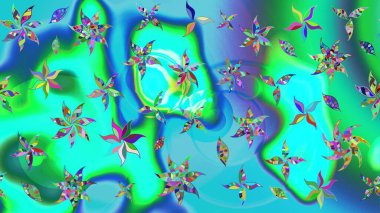 Çiçek mavisi ve yeşil çizim deseni. Raster çiçek izi. Klasik taslak çizimi. Raster Yumuşak kumaş deseni.