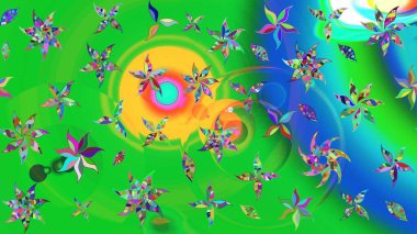 Çiçek desenli eskiz, darbeler, sıçramalar, yaz çiçekleri. Raster illüstrasyonu. Yeşil ve mavi renkte çiçekler.