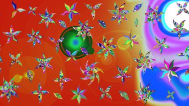 Halk tarzı. Modern çiçek arkaplanı. Parlak renkli çiçekleri ve turuncu ve kırmızı renklerde yaprakları olan harika bir çiçek deseni. Moda baskıları için zarif bir şablon.