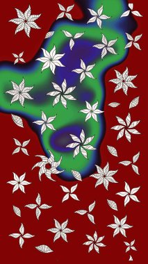 Çiçekler kırmızı ve yeşil renklerde. Kumaş desenli papatya çiçekleri ayrıntıları.