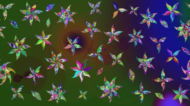 Raster illüstrasyonu. Yeşil ve mavi renklere karalamalar çizilmiş çiçek deseni.