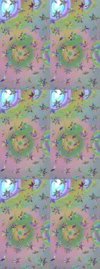 Raster illüstrasyonu. Kumaş, tekstil, duvar kağıdı baskısı için. Renkli desenli eskiz deseni nötr ve yeşil çiçekler ve dekoratif elementlerle. Eskiz geçmişi. Antika retro tarzı.