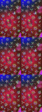 Renkli Yaz Temalı eskiz kalıbı. Düz Çiçek Elementleri Tasarımı. Kırmızı ve mavi renkte çiçekler. Çiçekli retro deseni çiz.