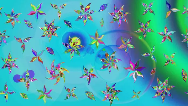 Raster illüstrasyonu. Çizim çiçek deseni duvar kâğıdı olarak kullanılabilir. Mavi ve yeşil renkte çiçekler.