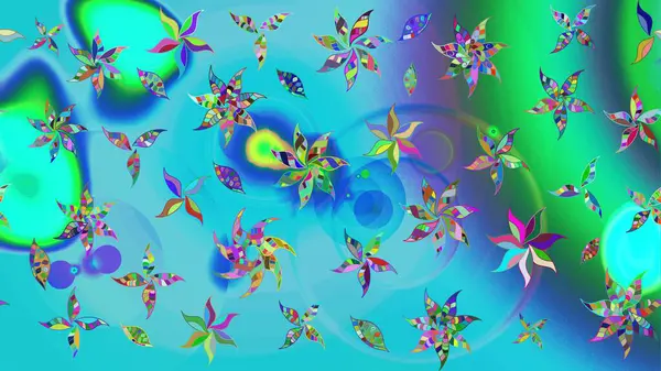 Raster illüstrasyonu. Mavi ve yeşil kıvırcık çiçekler mavi ve yeşil renklerde şekillenir. Klasik çiçek tasarım elementleri.