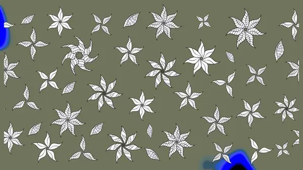 Bir sürü yeşil ve beyaz soyut çiçekli tropik eskiz deseni. Küçük çiçekteki sevimli çiçek deseni. Varicologreen ve White Raster çizimi.