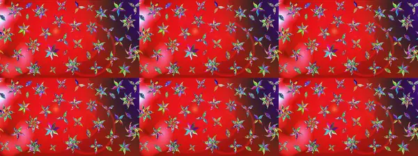 Çok renkli ve kahverengi zarif küçük çiçekler ve kırmızı ve kahverengi renkli komik böcekler, raster desen, illüstrasyon.