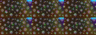 Kahverengi ve gri zarif küçük çiçekler ve kahverengi ve gri renkli komik böcekler, raster desen, illüstrasyon.