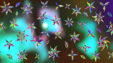 Çiçekli karalama şeklinde Raster çiçek deseni. Raster illüstrasyonu. Yeşil ve mavi renklerde bahar çiçekleri..