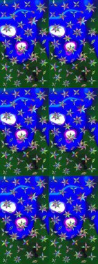 Mavi ve yeşil renklere karalamalar çizilmiş çiçek deseni. Raster illüstrasyonu.