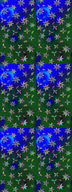 Dallı bahar çiçekleri ile desen, mavi ve yeşil renkler ile çiçek silueti. Raster deseni.