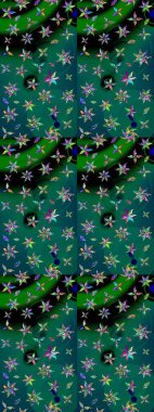 Çiçek desenli çizim. Raster illüstrasyonu. Asya tekstil tarzında. Yeşil ve mavi renkte çiçekler. Raster illüstrasyonu.