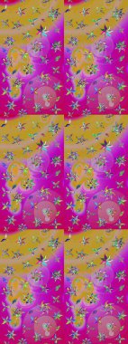 3D çiçekler, eskiz. Raster illüstrasyonu. Mor ve sarı renkler üzerine.