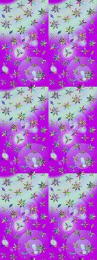 Raster düz çiçek çizim deseni. Hediye ambalaj kağıdı, tebrik kartları, posterler ve pankart tasarımı. Mor ve nötr renkte çiçekler.