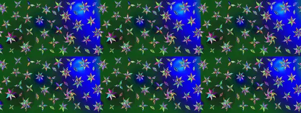 Çiçekli karalama şeklinde Raster çiçek deseni. Yeşil ve mavi renkte çiçekler. Yumuşak, bahar çiçekli arka plan.