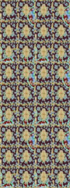 Barok tarzında altın çiçek süsü. Antika altın tekrarlanabilir duvar kağıdı. Mor renklerdeki altın element. Damask çizim şablonu yineleniyor.