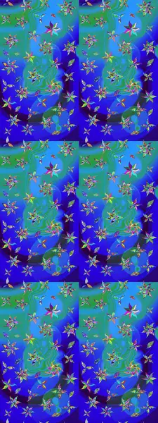 Çiçekli ipek eşarp. El çizimi çiçek unsurları olan soyut çizim raster deseni. 1950-1960 motifleri. Retro tekstil tasarım koleksiyonu. Mavi ve yeşil, mavi ve yeşil.