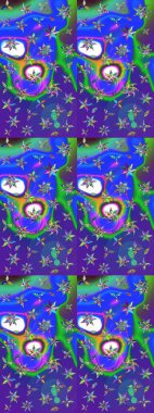 El çizimi çiçek çizimi deseni (fayans). Tekstil için suluboya eskiz deseni. Şirin çiçekleri, desenleri, mavi ve mor renkleri olan renkli çizim deseni.