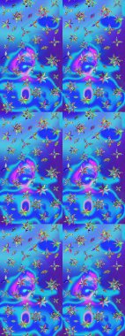 Suluboya, elle çizilmiş. Raster illüstrasyonu. Mavi ve mor renkli yapraklı yabani çiçekler. Taslak arkaplan deseni.