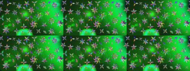 Raster illüstrasyonu. Raster deseni. Patlayan çiçekler soyut olarak yerleştirilmiş. Yeşil ve mavi renklerde bahar çiçekleri..